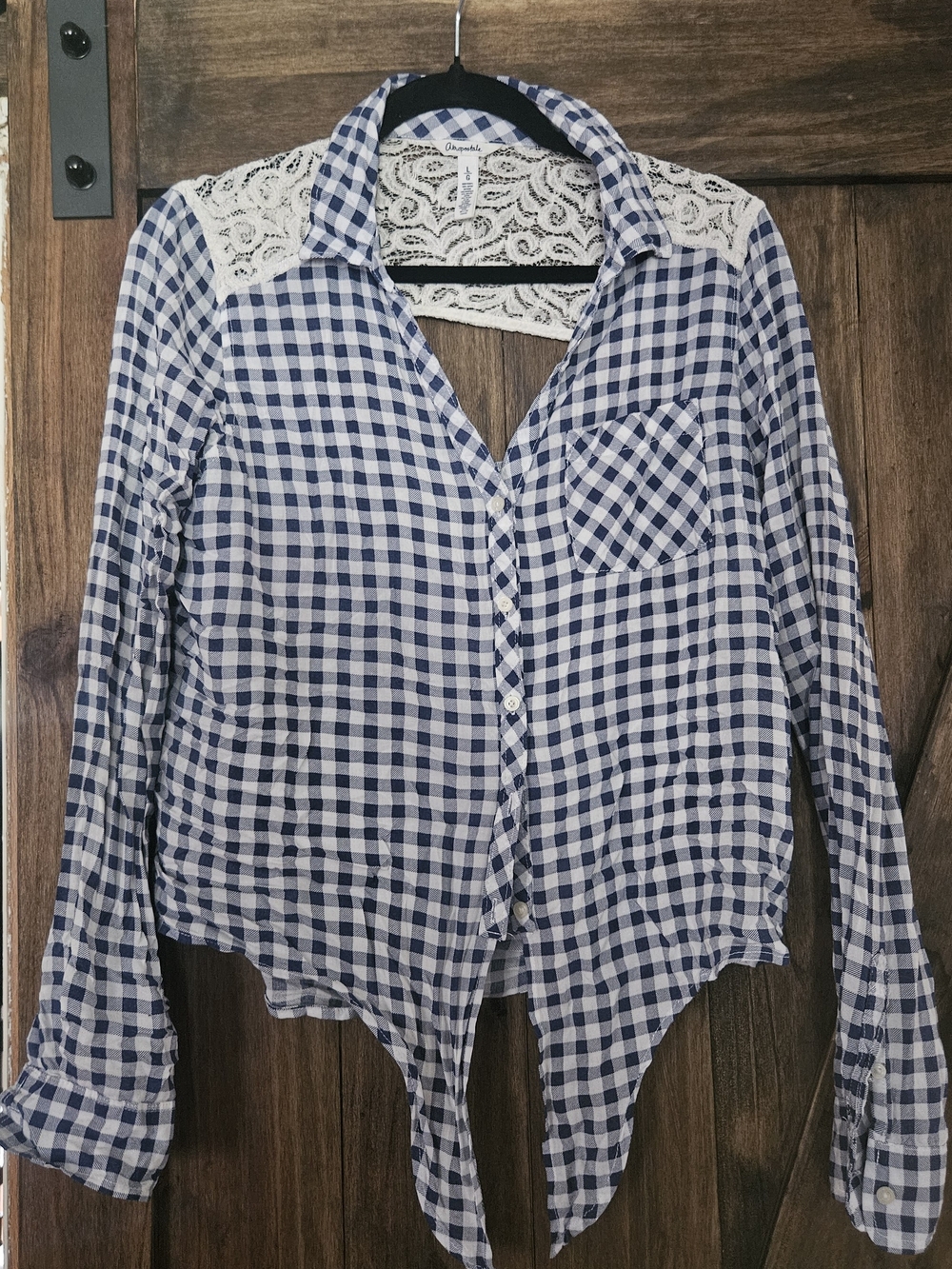 Aeropostale Blue & White Gingham Button-Down Shirt with Lace Yoke